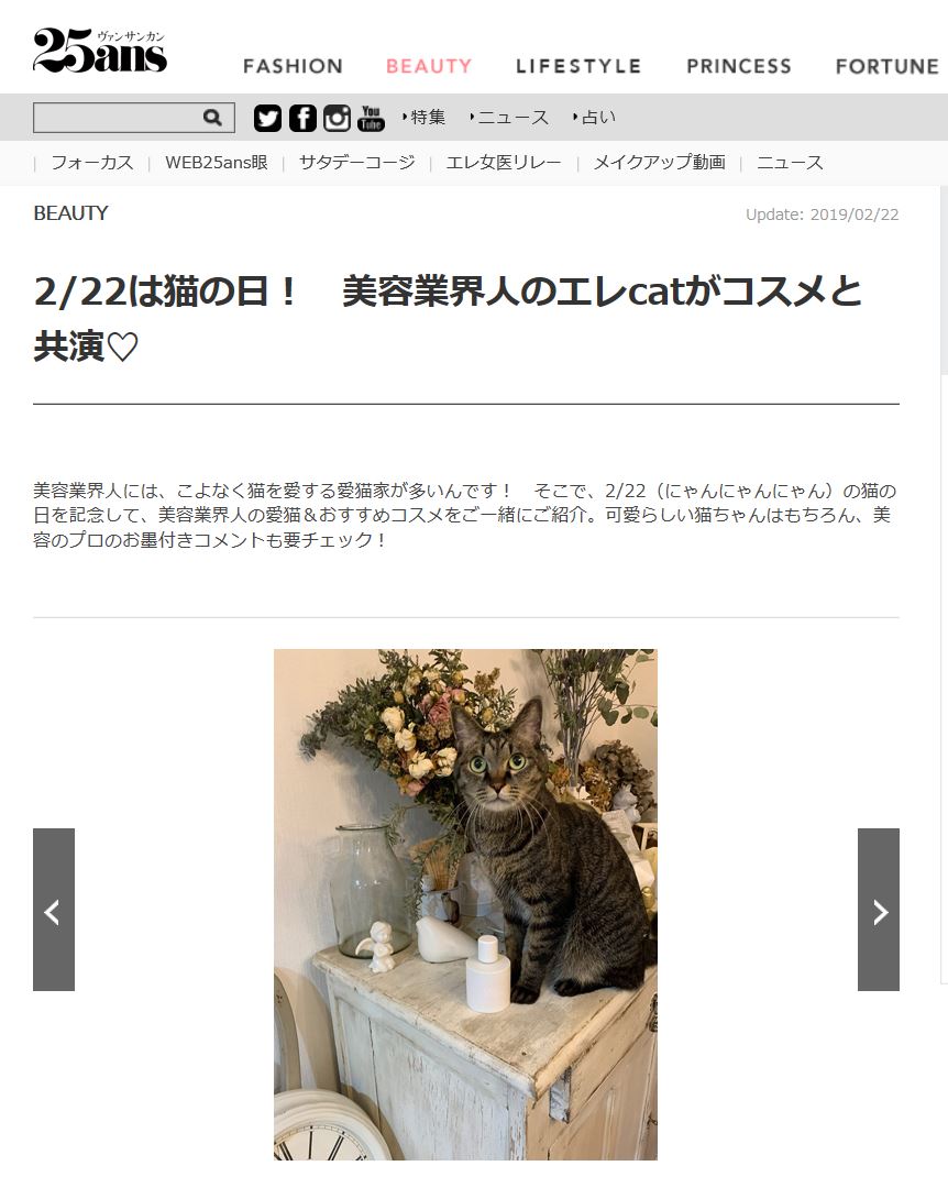25ansWEBにて新井ミホの愛猫を紹介していただきました